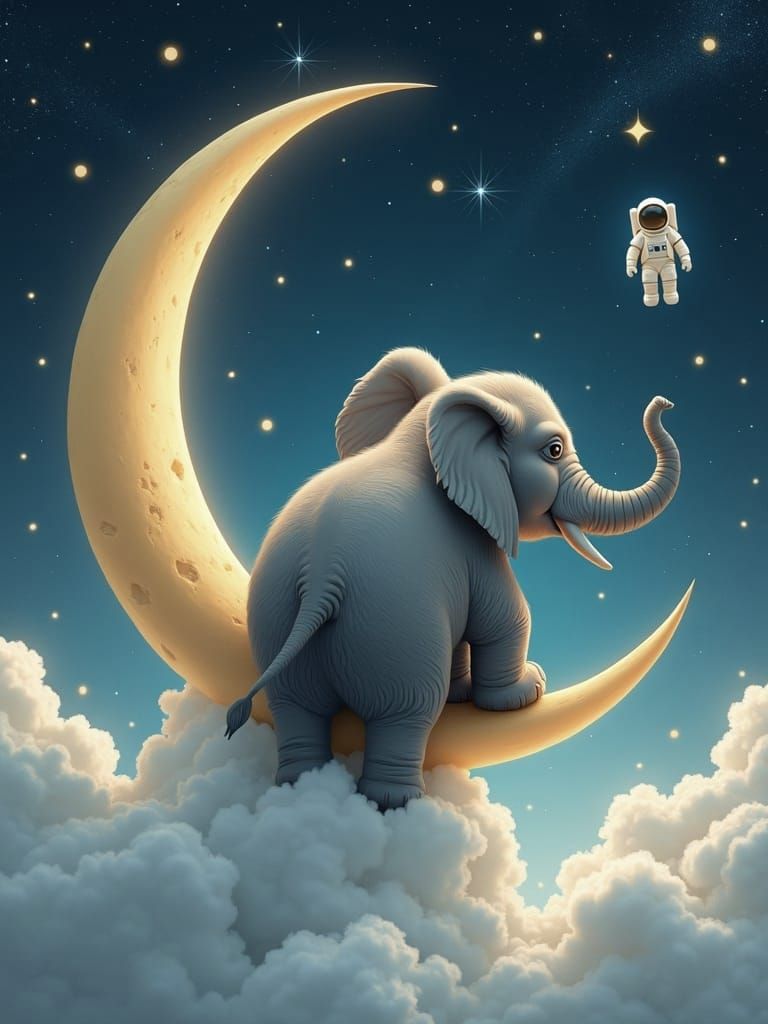 Elephant on the Moon in Surreal Cosmic Scene