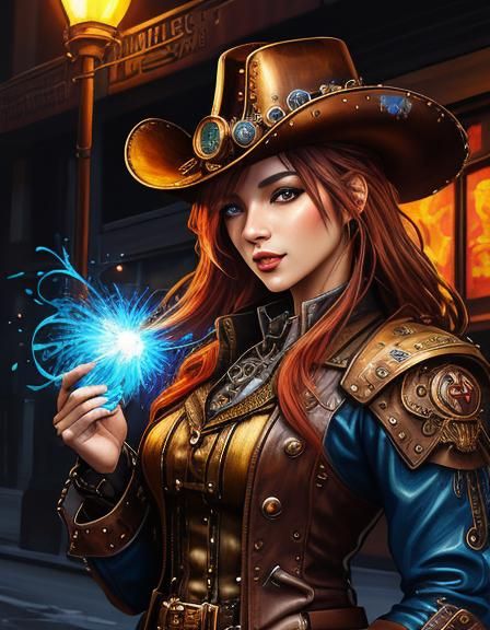 Steampunk Cowboy Girl Portrait in Neo-Impressionistic Style