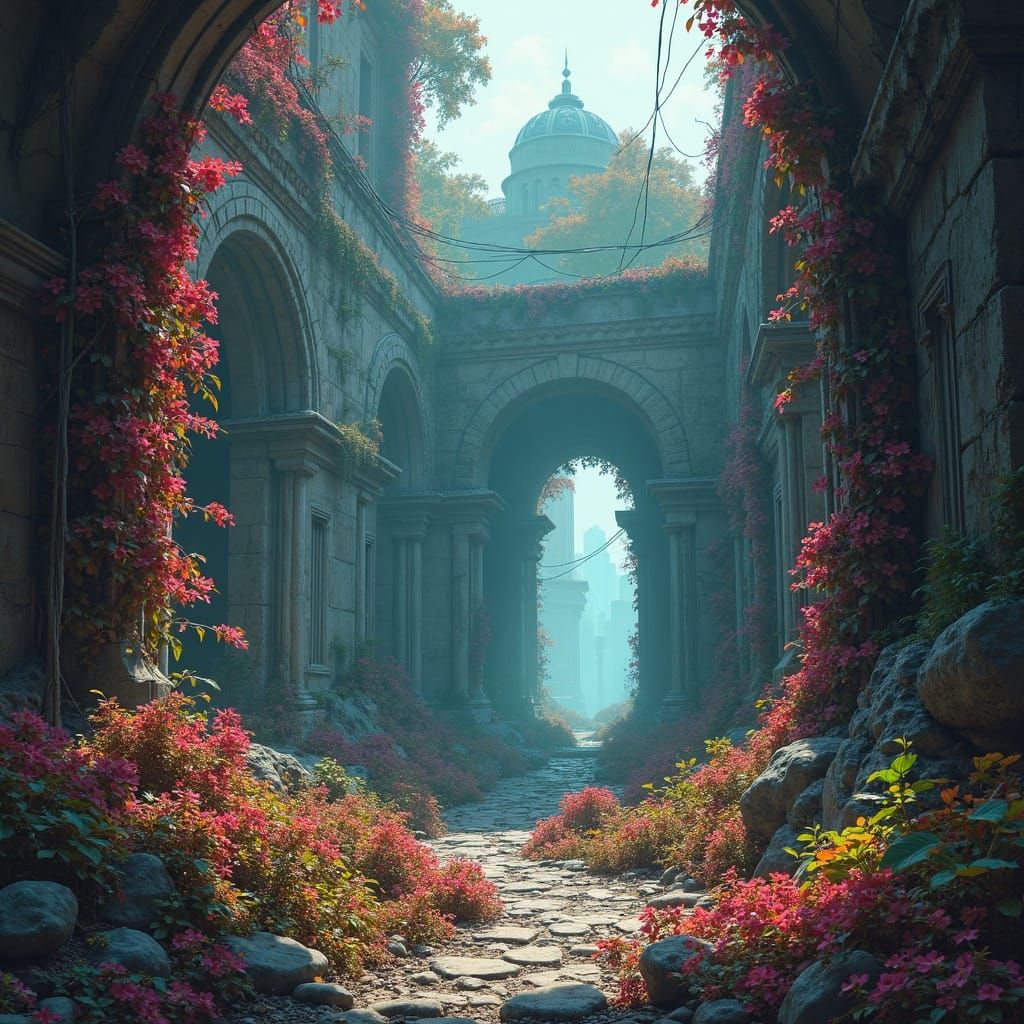 Lost World Ruins with Futuristic Tech and Vibrant Colors