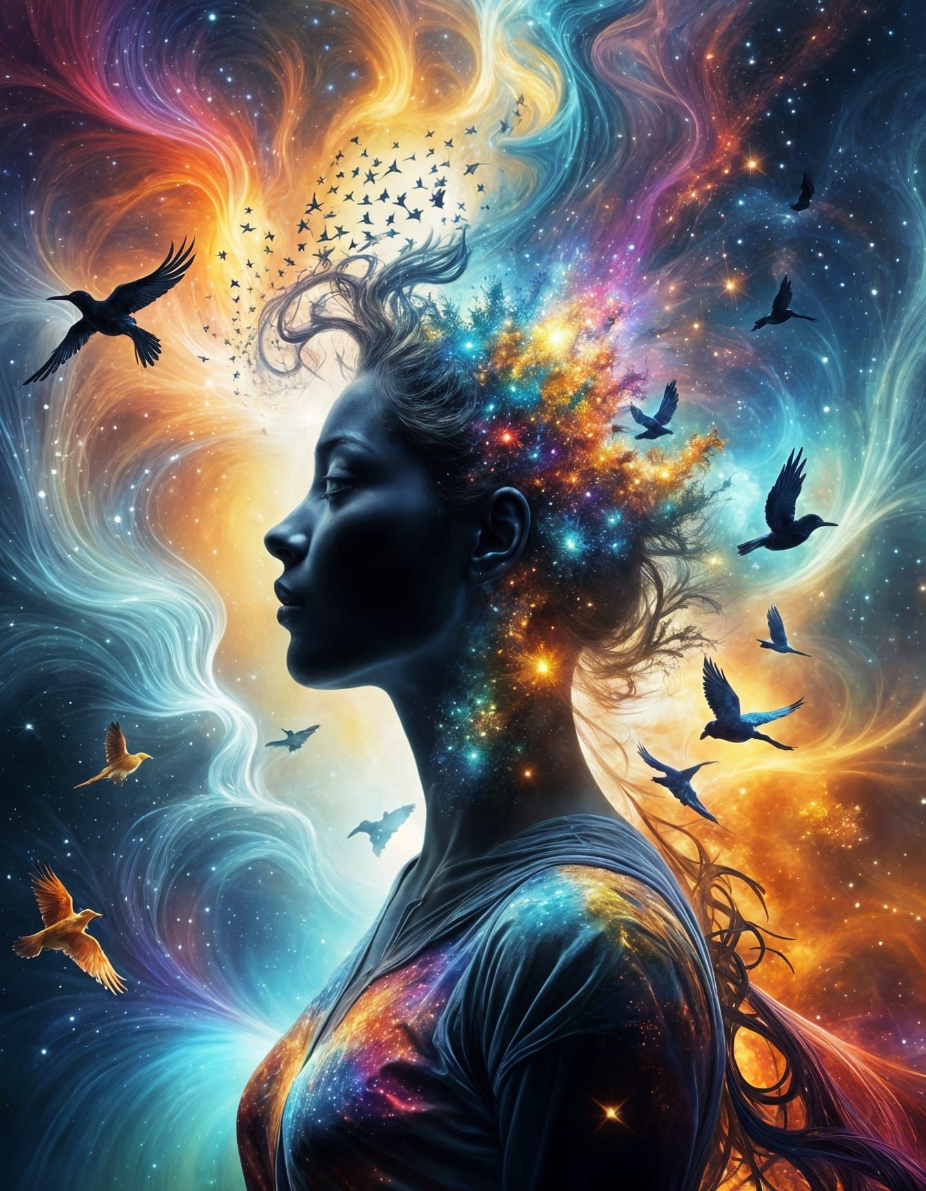 Cosmic Silhouette: Fractal Galaxies and Radiant Birds