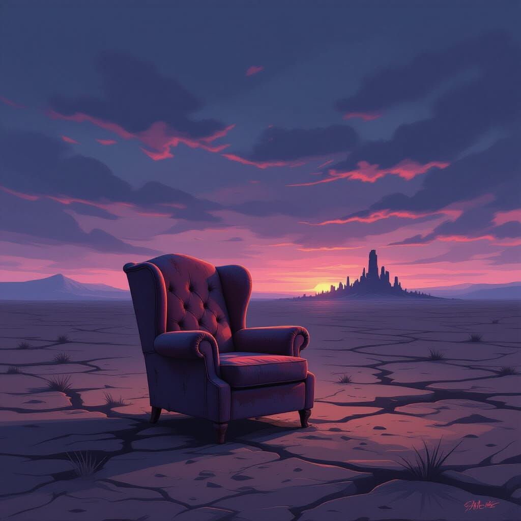 Armchair in Desolate Plain Under Twilight Sky