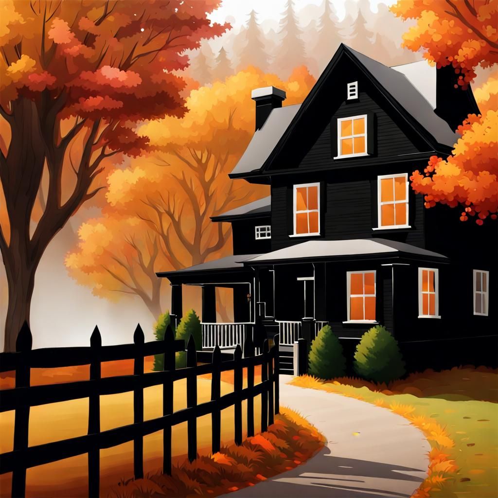 Ethereal Autumn Scene with House and Black Fence