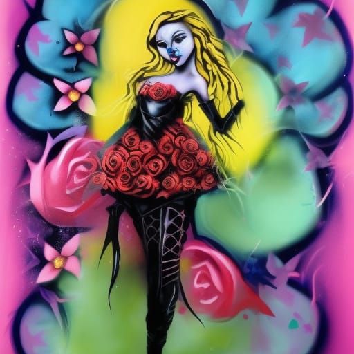 A beautiful, alluring, evil princess. She wears a short skirt, boots, and a wreath of roses and thorns. Cruel. Colorful.