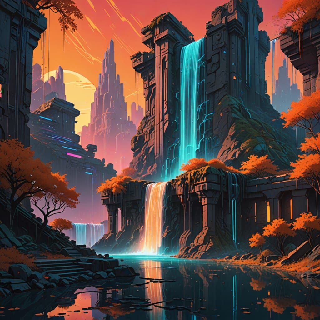 Cyberpunk Waterfall Ruins at Sunset Digital Painting