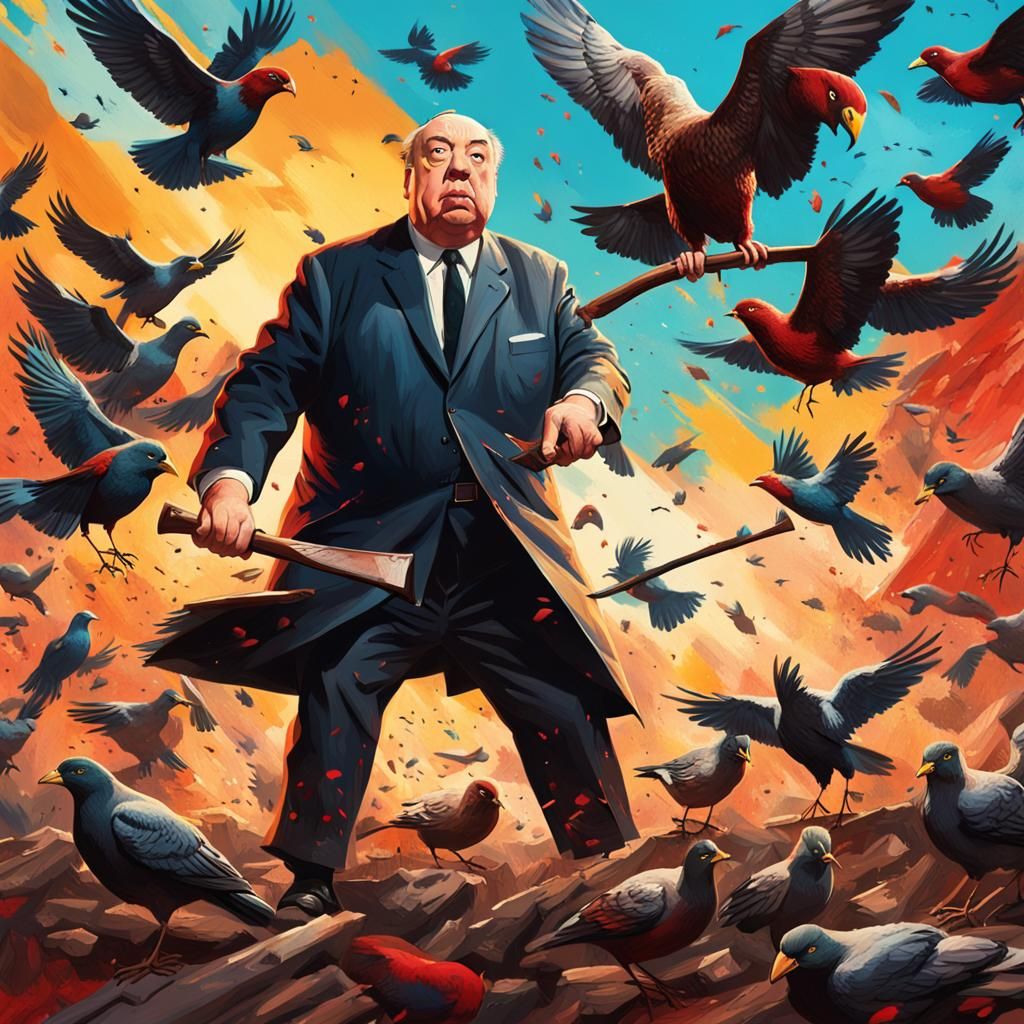 Hyperrealistic Hitchcock Attacked by Birds with Axe