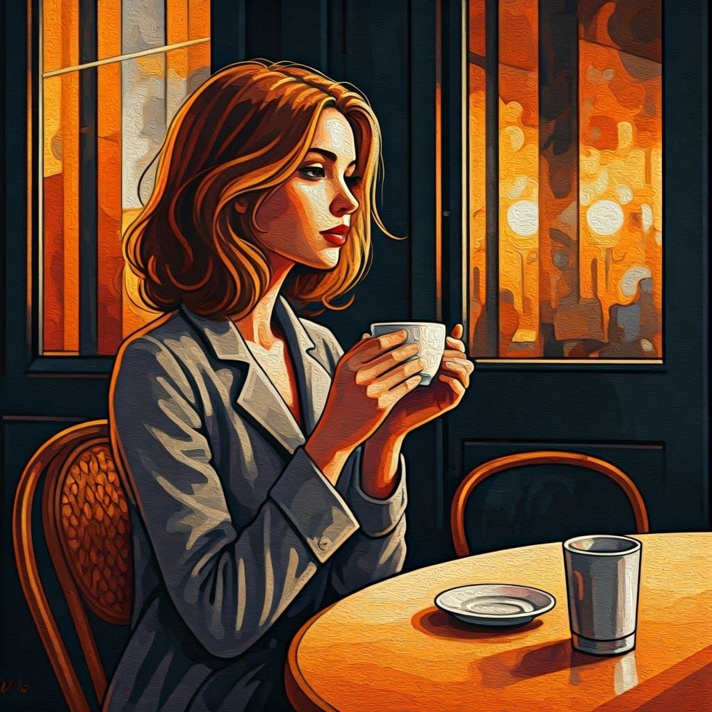 Woman at Café in Paris, Abstract Impressionism