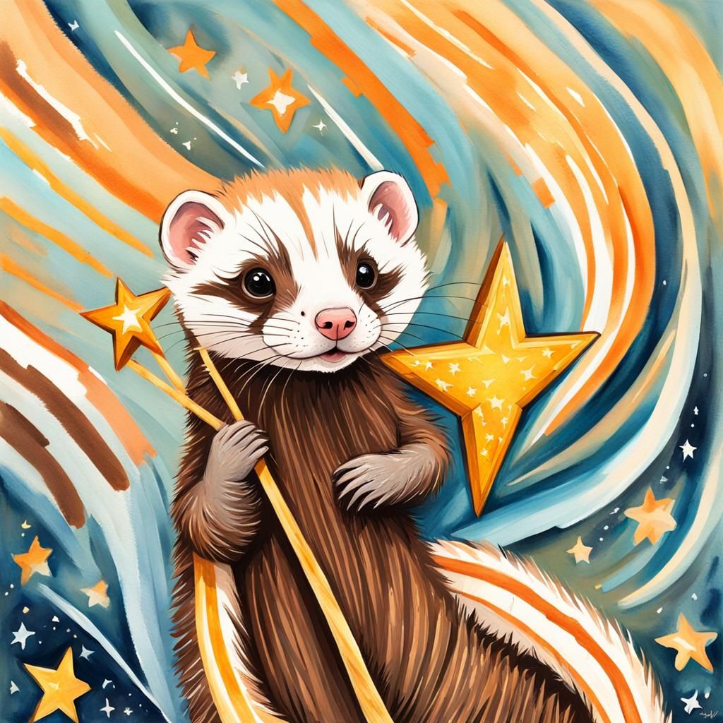 Happy Ferret with Star in Gouache Style