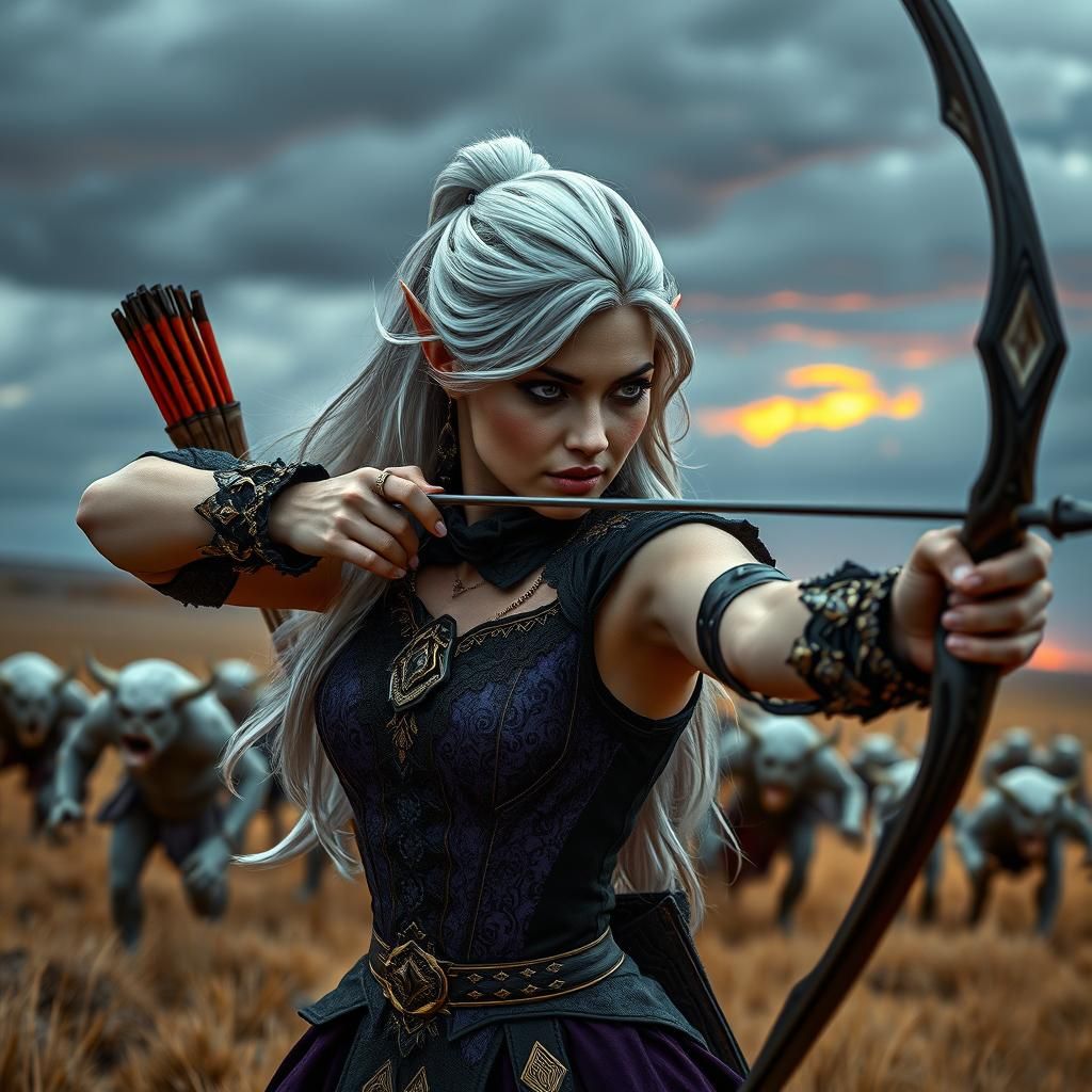 Silver hair elvin female archer. Diamond laced dress. Hunting white orcs in the plains Hyperrealistic, splash art, conce...