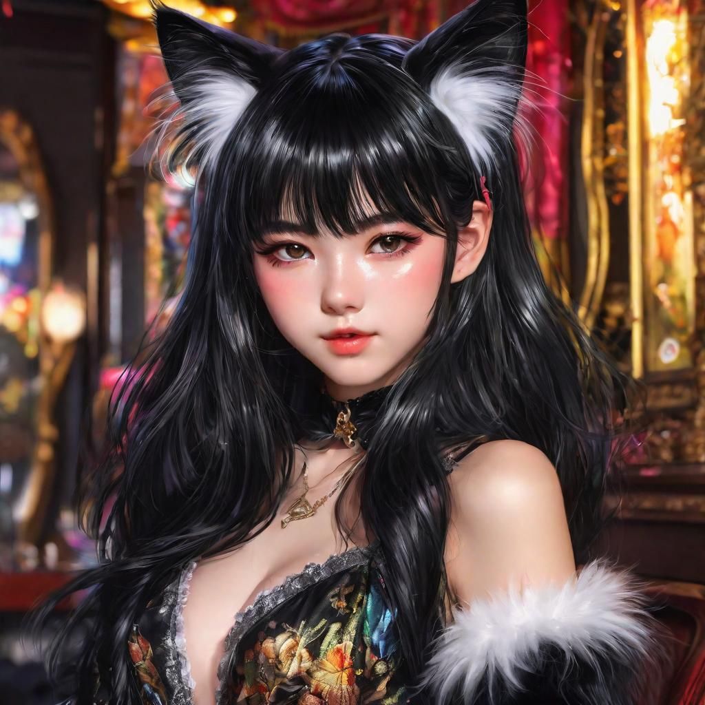 Hyperdetailed Anime Neko Girl with Glassy Reflections