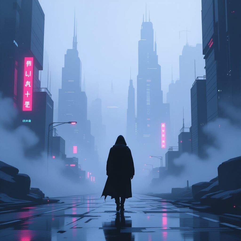 Dreamlike Figure in Neon-Lit Futuristic Landscape