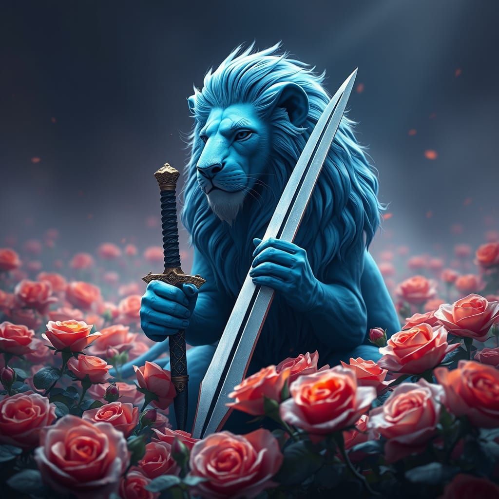 Blue Lion Wields Sword Amidst Vibrant Roses in Fantastical S...
