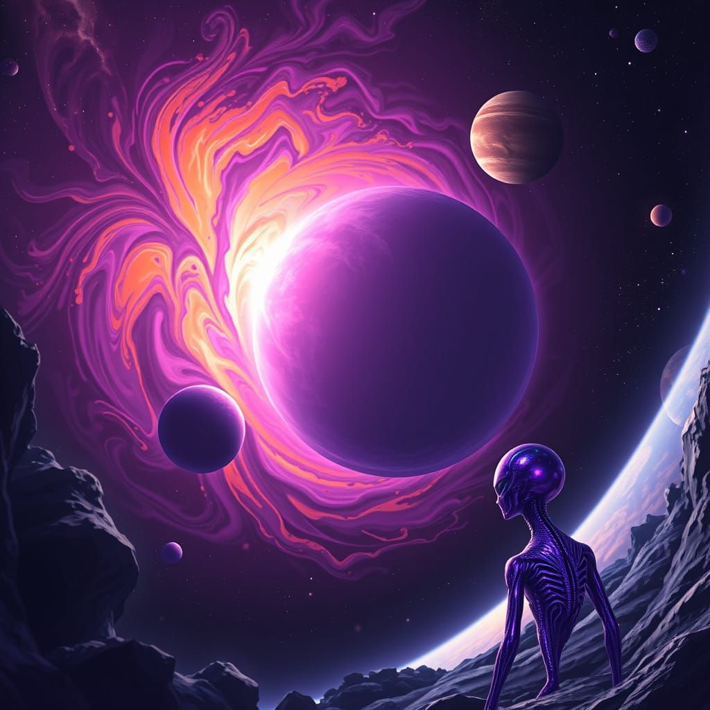 Ethereal Cosmic Birth of Vibrant Planets in Iridescent Alien...