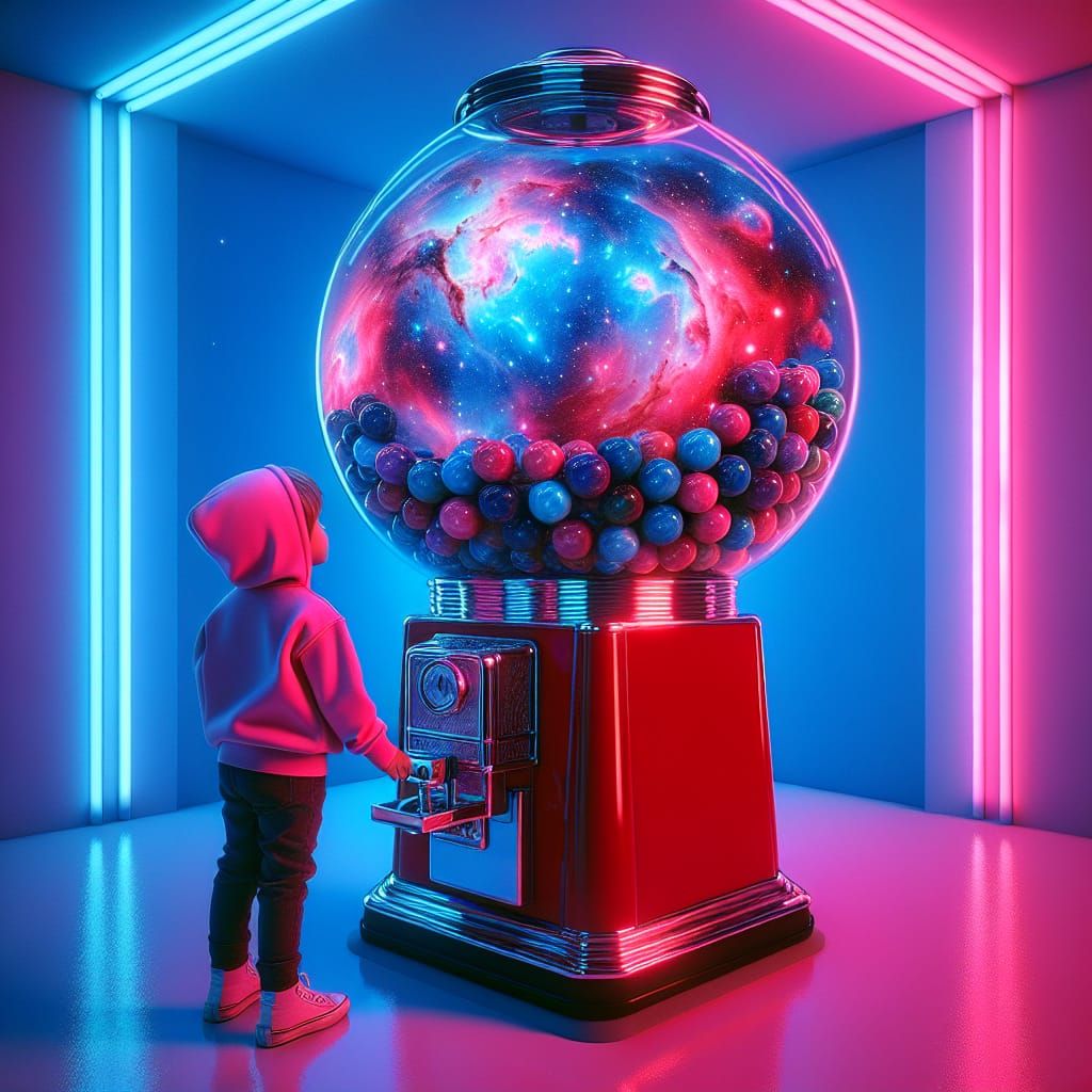 Child Gazing at Nebula Gumball Machine in Hyperrealism