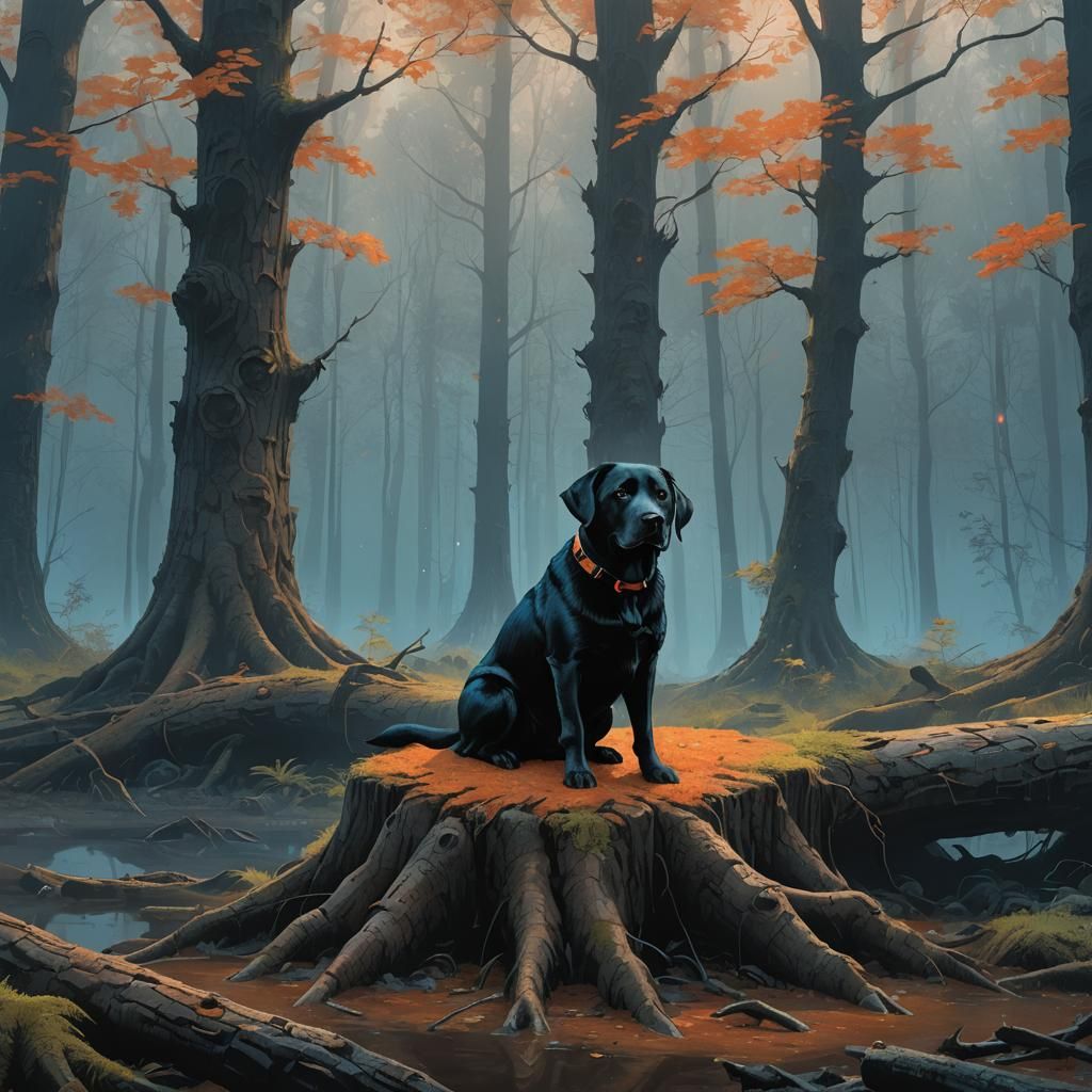 Mystical Forest: Black Lab in Atmospheric Oil Painting