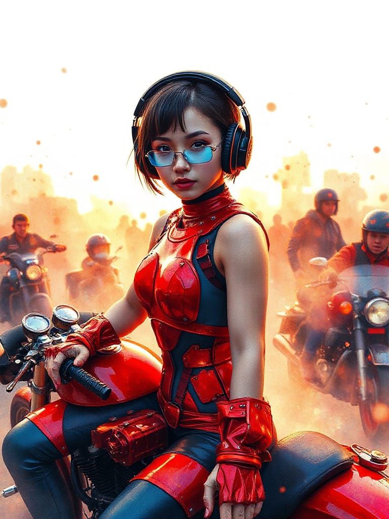 A mecha cyberpunk woman riding a Harley Davidson motorcycle