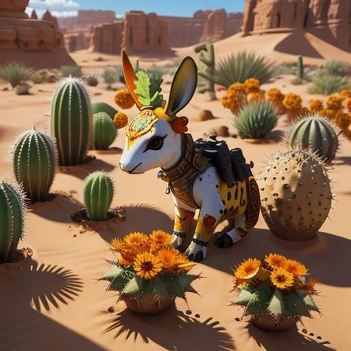 Desert Jackrabbit with Blooming Cactus, Hyperdetailed Concep...
