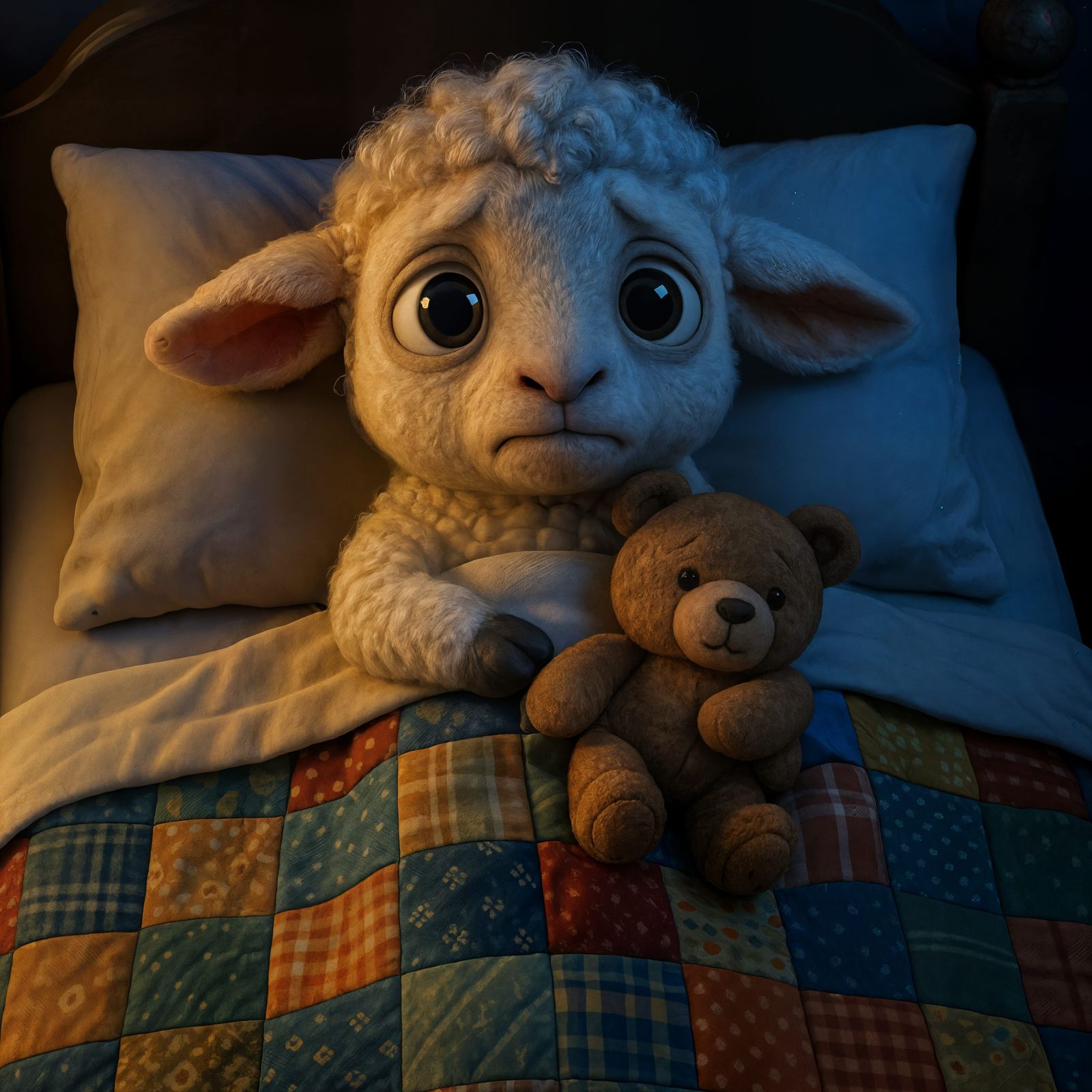 Adorable Lamb Anxiously Awake in Bed: CGI Render