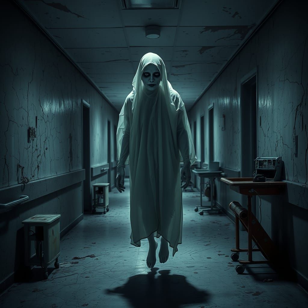 Ghostly Figure Floats in Abandoned Hospital Corridor