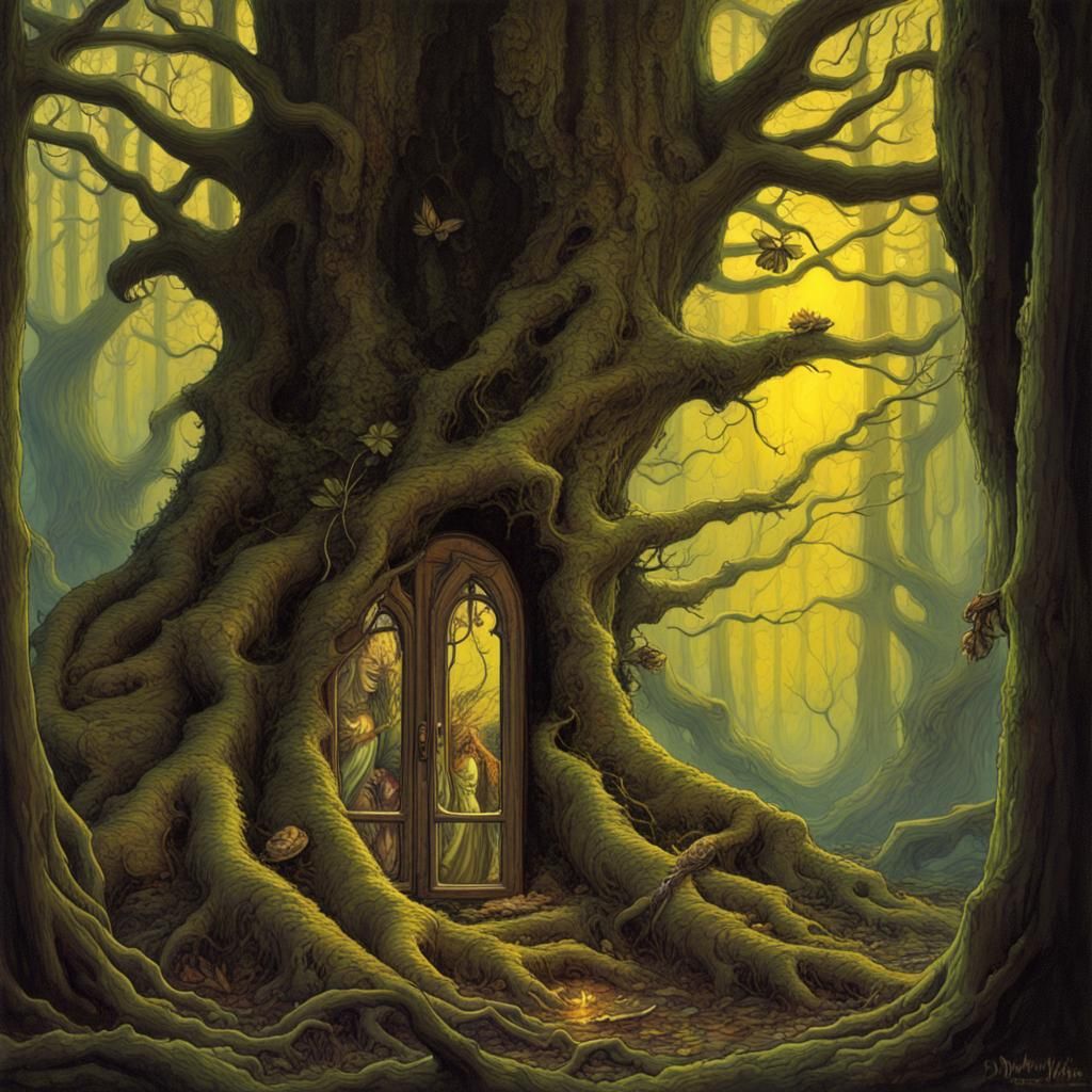 Woodland Pixies Peer Through Forest Window