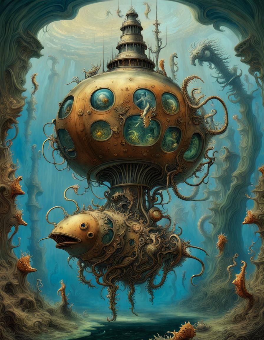 Steampunk Submersible with Seahorses in Surrealist Style