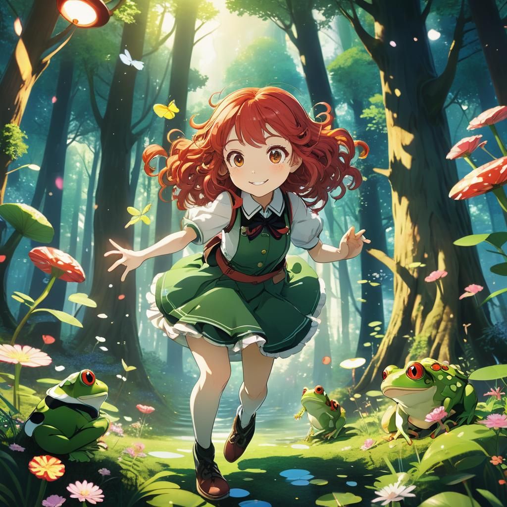 Anime Girl Plays Leap Frog in Whimsical Forest