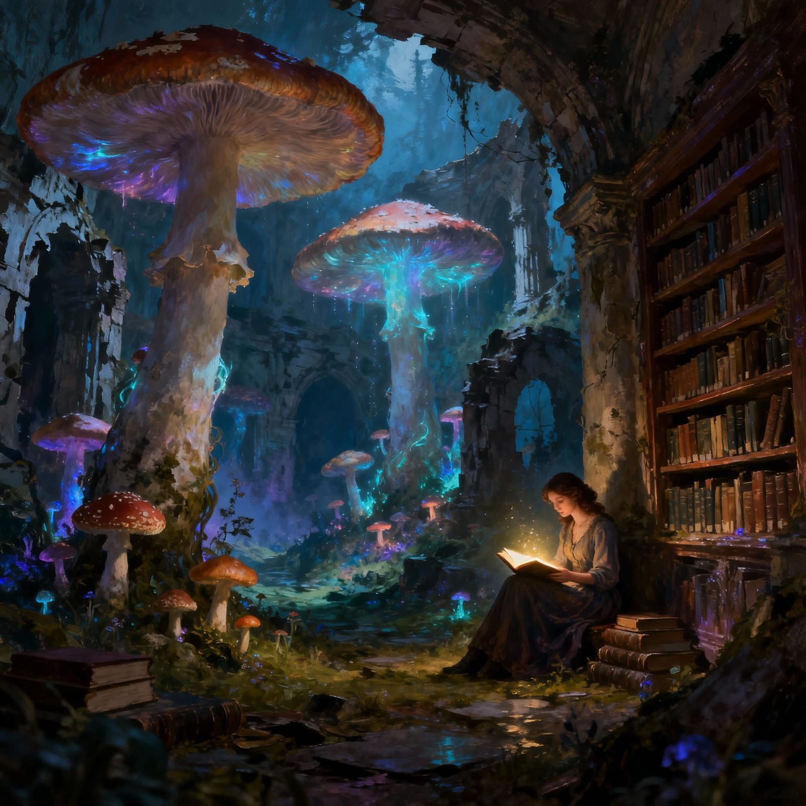 A surreal landscape where giant, mushrooms grow in the ruins of an ancient, abandoned library. A single, lady is seen re...