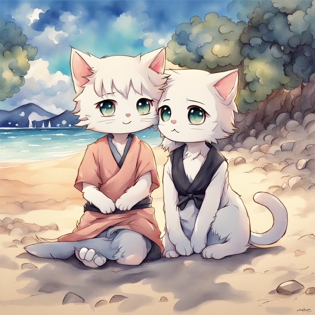 Kittens Dating on Beach in Anime Style