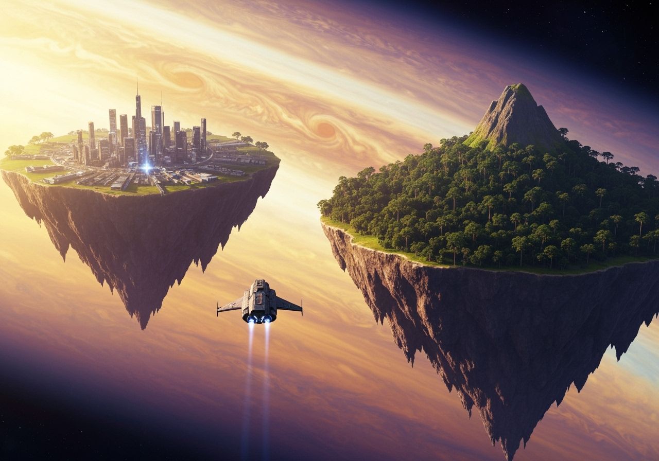 Spaceship Navigates Jupiter's Islands in Cinematic Style