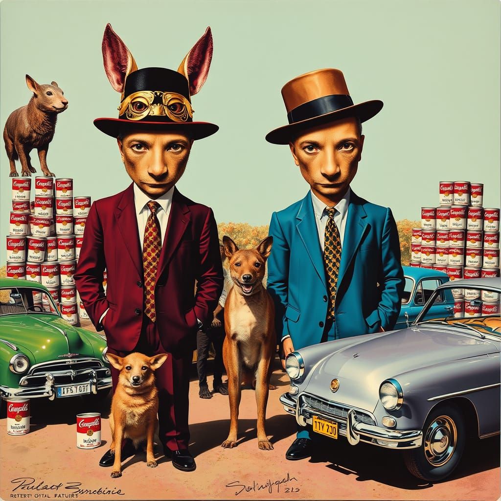 Pop Art Scene with Dual Faces in Warhol Style