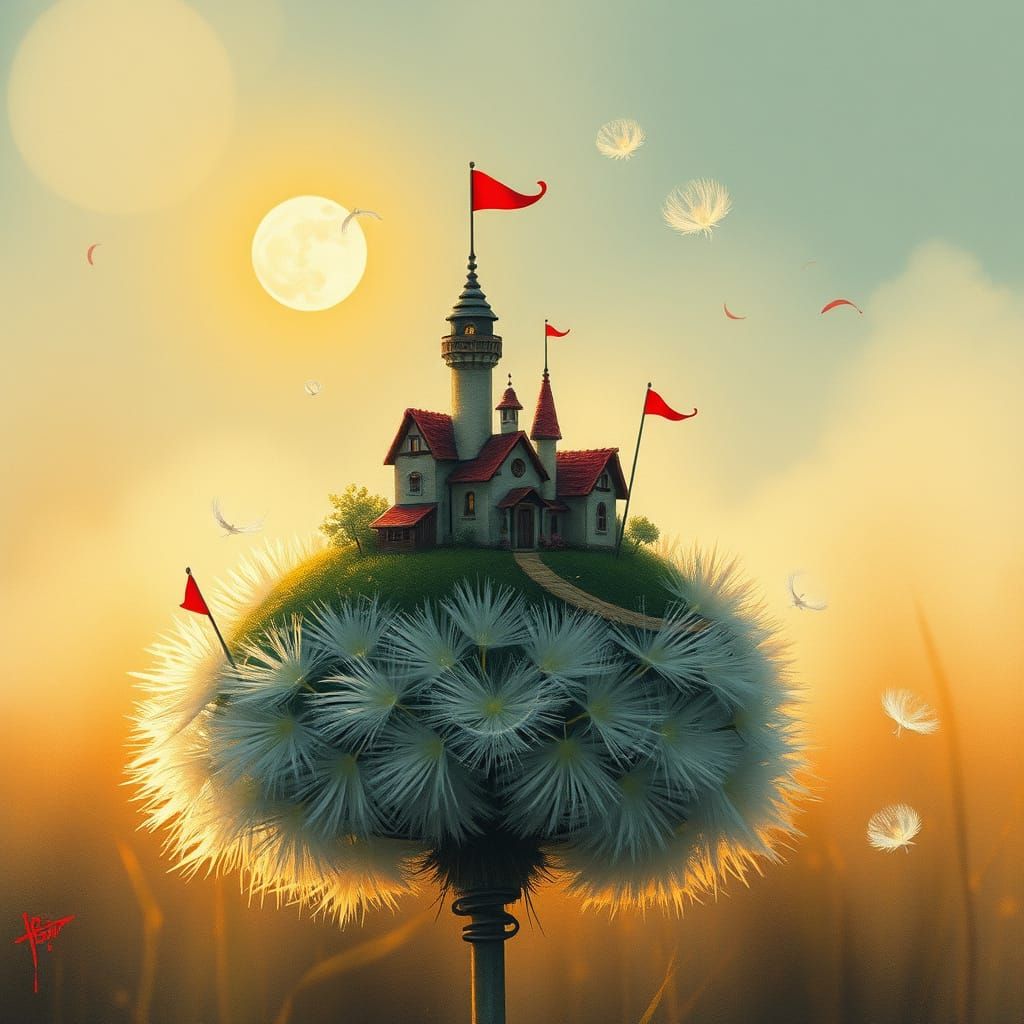 Fairytale Village on Dandelion Head in Gouache Style