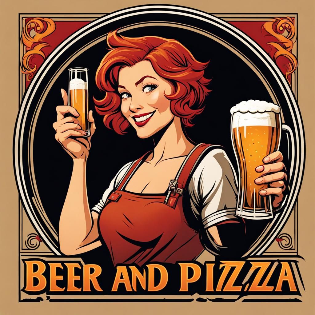 Beer and Pizza Bar Logo with Redhead in Comic Style