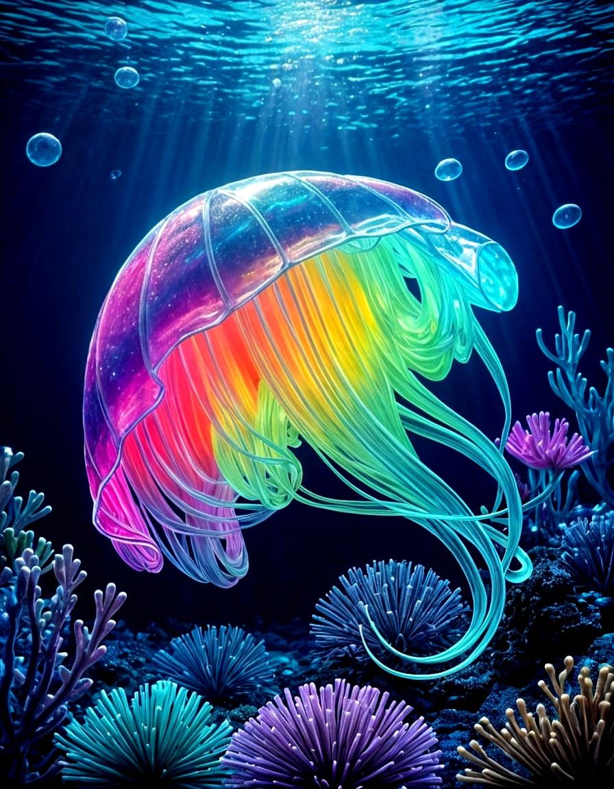 Bioluminescent Jellyfish in Synthwave Retro Style