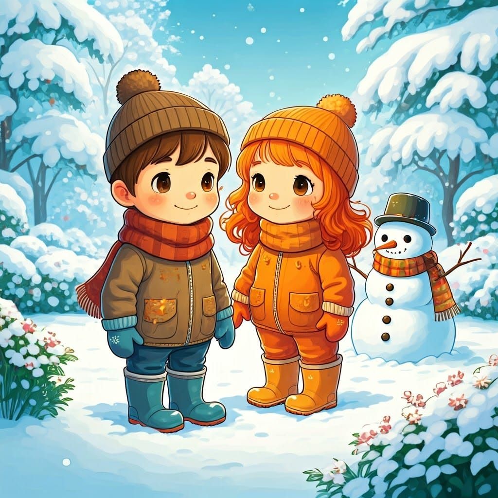 Children Build Snowman in Whimsical Winter Garden