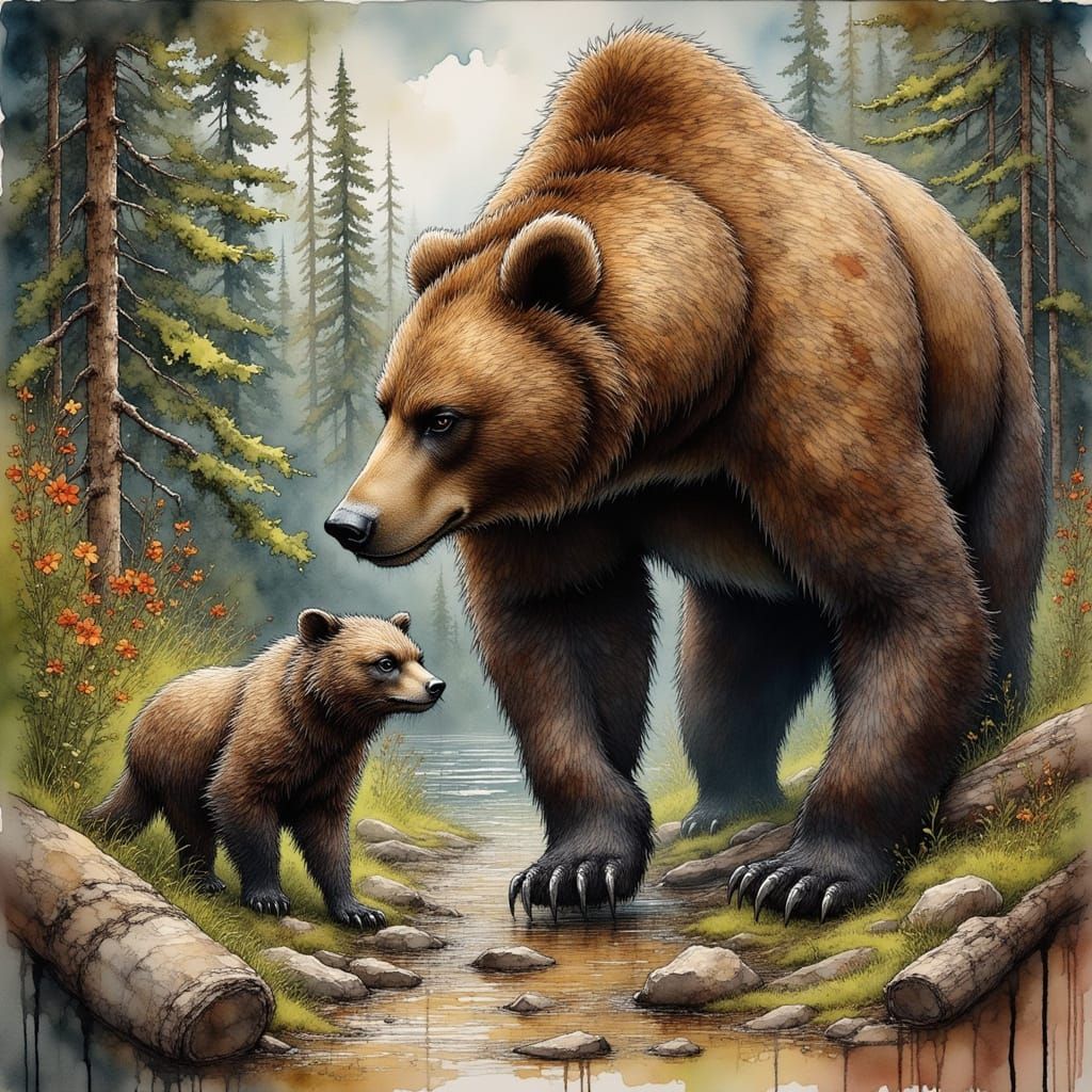 Wolverine Confronts Grizzly Bear in Forest