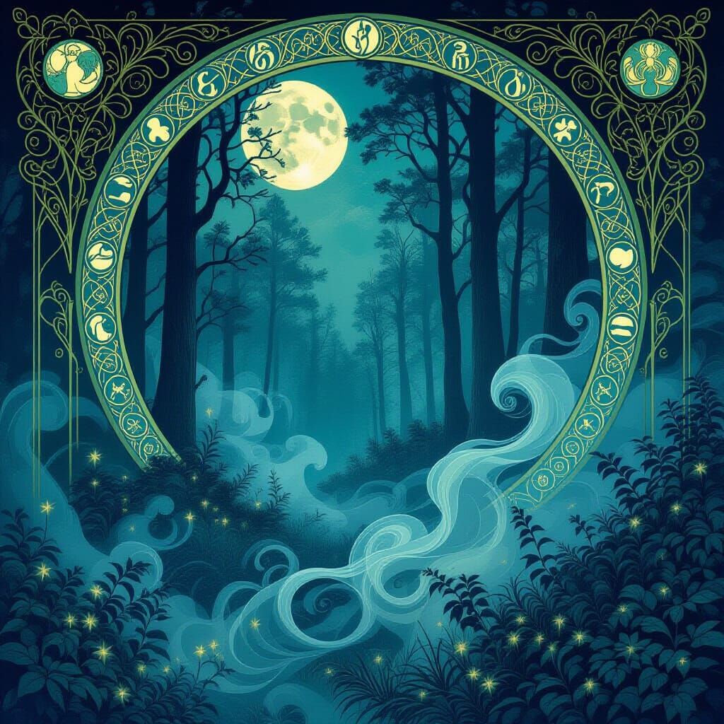 Mysterious Forest With Ethereal Mist and Glowing Runes