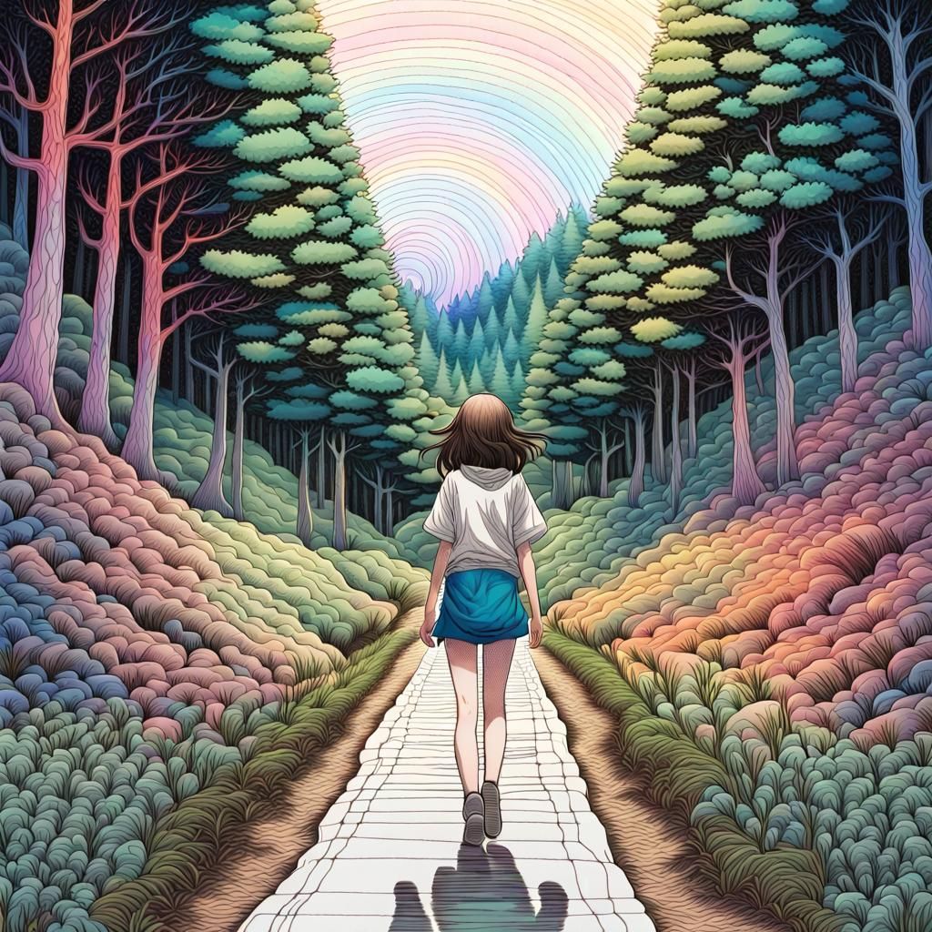 Manga Girl in Forested Valley: Prismatic Ink Art