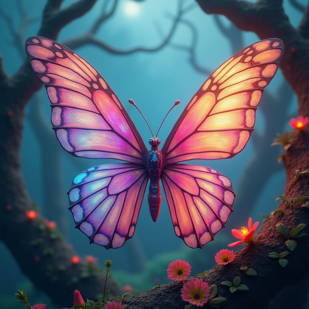 Iridescent Butterfly in Dreamlike Forest, Matte Painting
