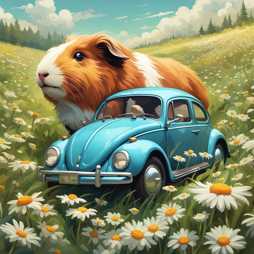 Guinea Pig Drives Beetle in Daisy Field