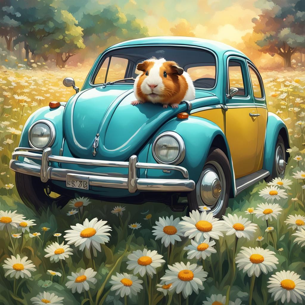 Guinea Pig Drives VW Beetle in Daisy Field
