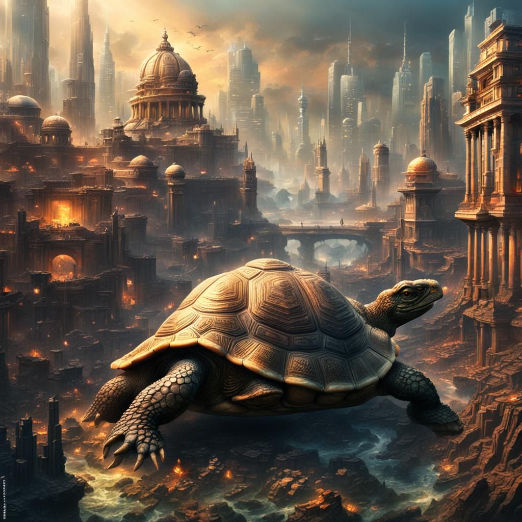 Futuristic City on Giant Turtle in Inferno