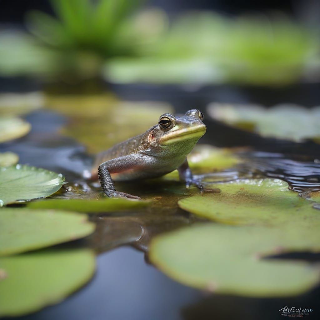 Surreal Underwater Encounter of Frog and Axolotl Among Water...