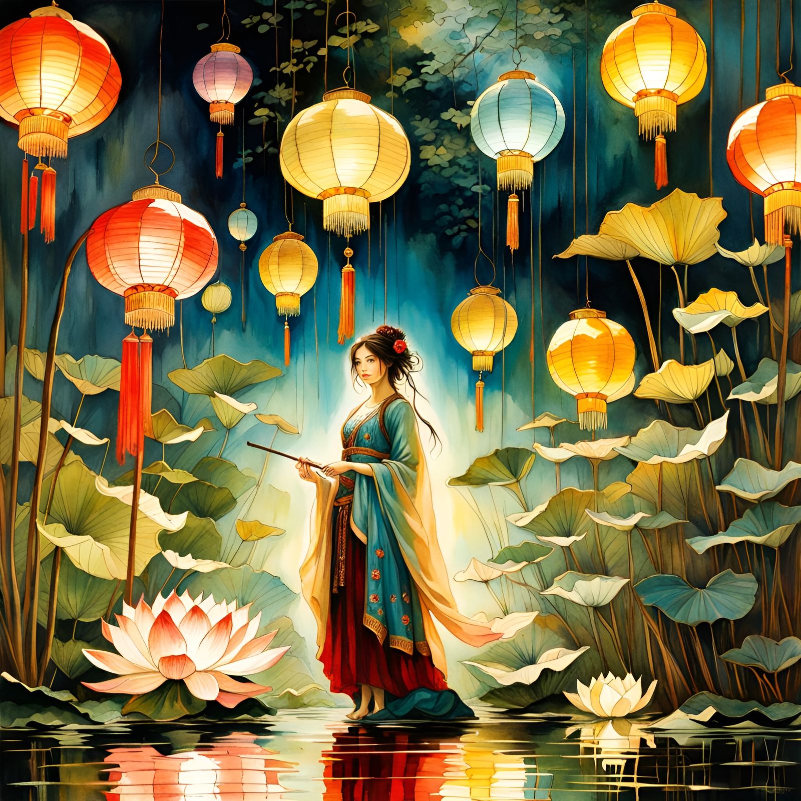 Chinese Lantern Reflections in Watercolor Lotus Pond