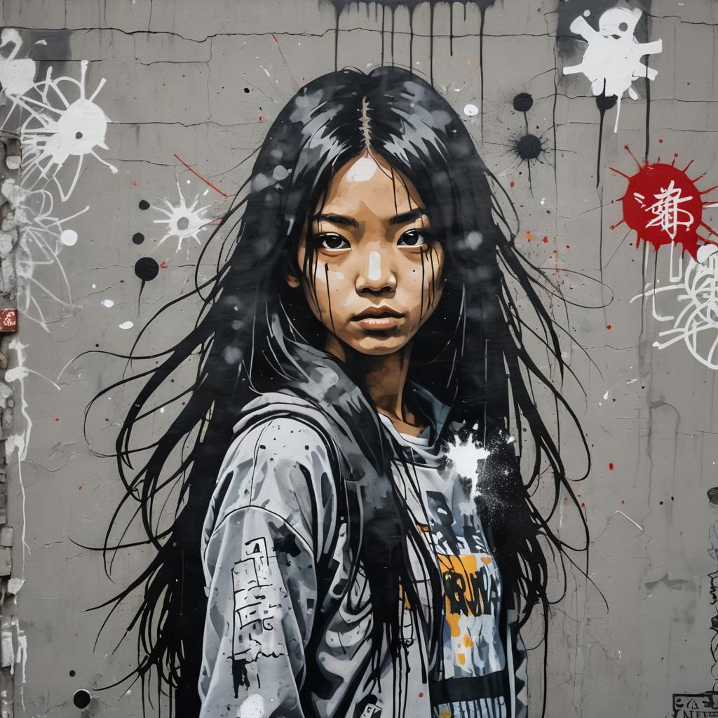 Urban Street Art: Asian Girl in Grey Graffiti Mural