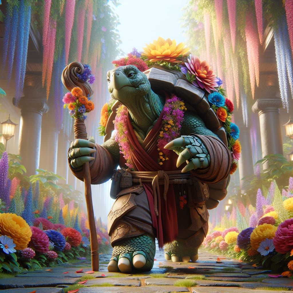 Fantasy Tortoise Warrior Monk in Flower Garden
