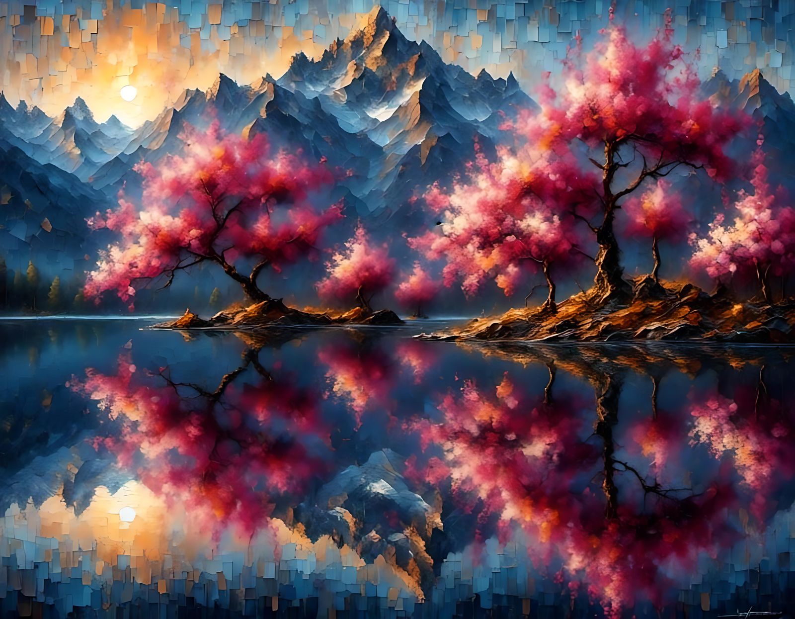 Magnolia Trees Reflecting Mountainscape at Night