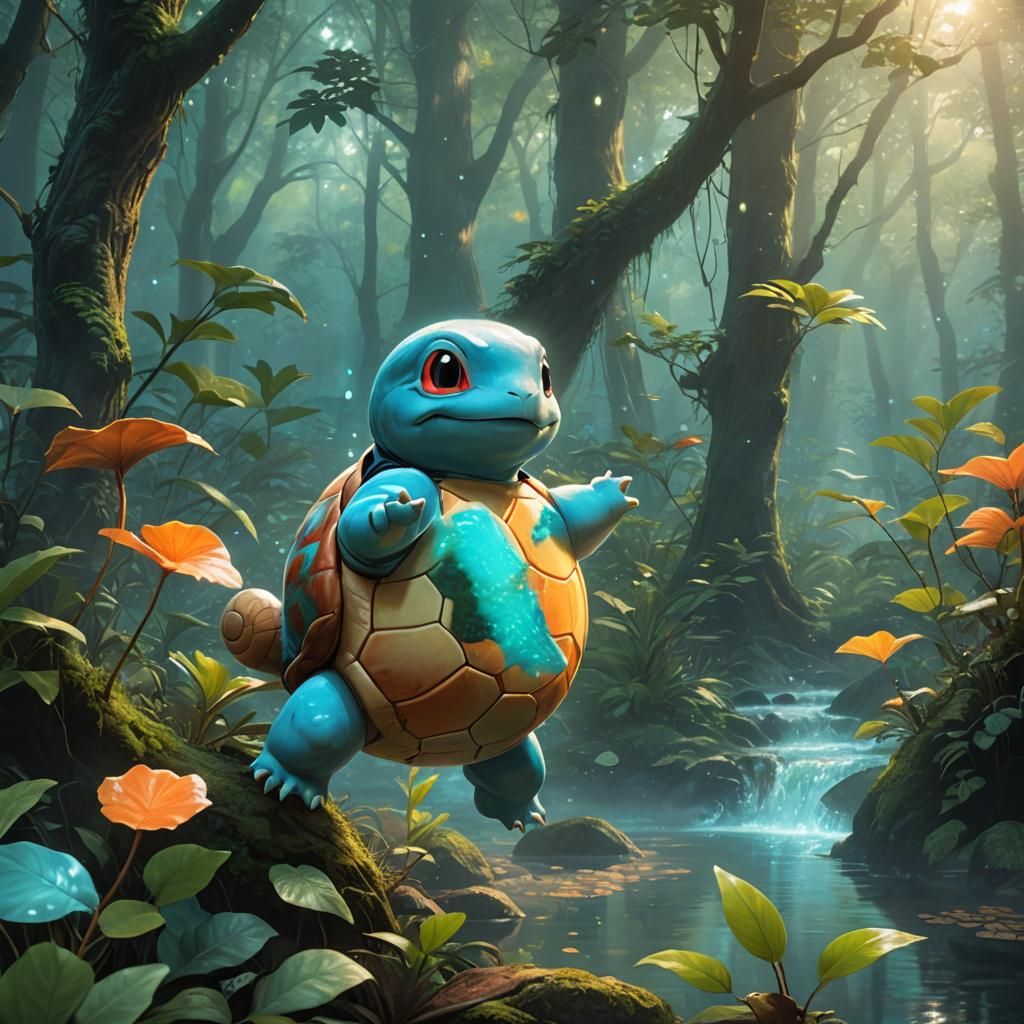 Squirtle in a Misty Forest, Art Nouveau Concept