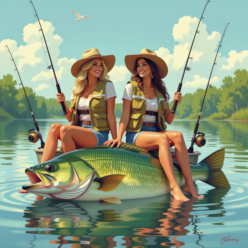 Whimsical Mermaids Fishing on a Bass Boat