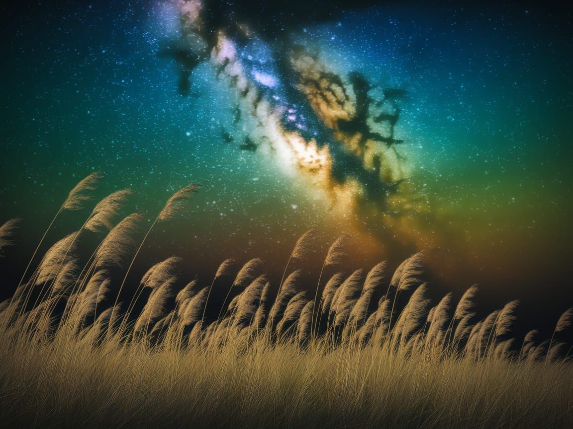 Milky Way Over Golden Grasslands at Night
