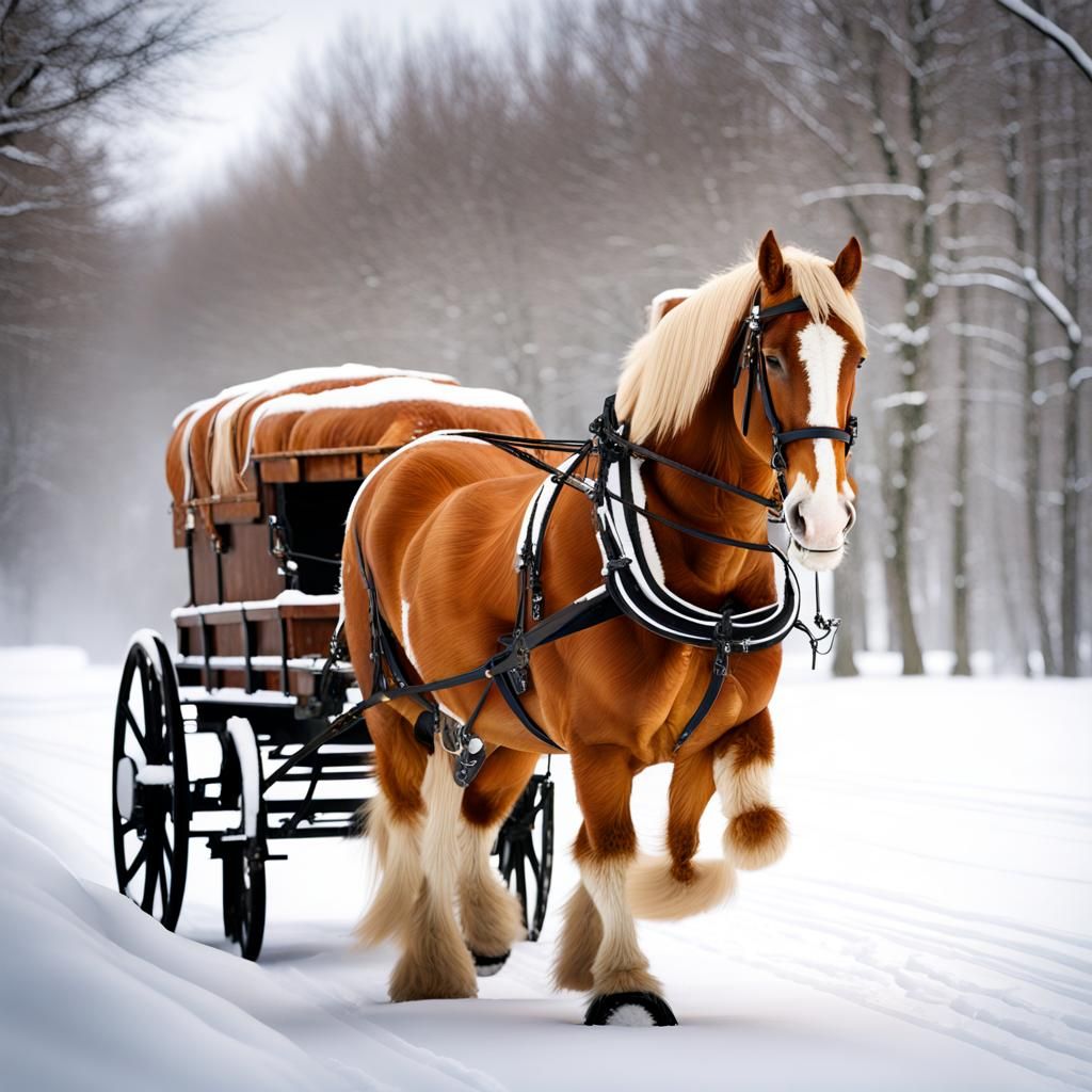 Belgian Draft Horse Pulling Wagon in Snow