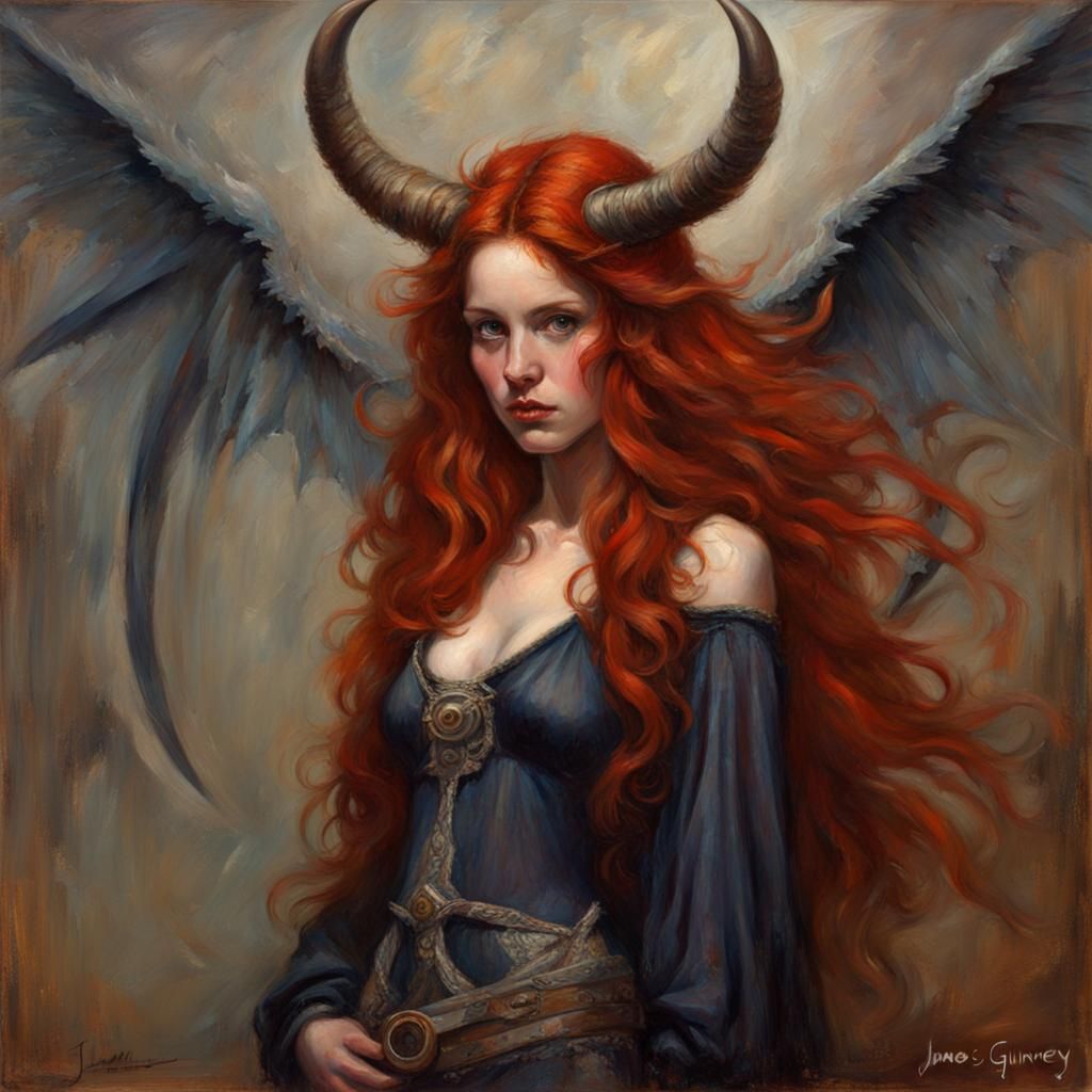 Redheaded Demon Woman with Horns and Wings